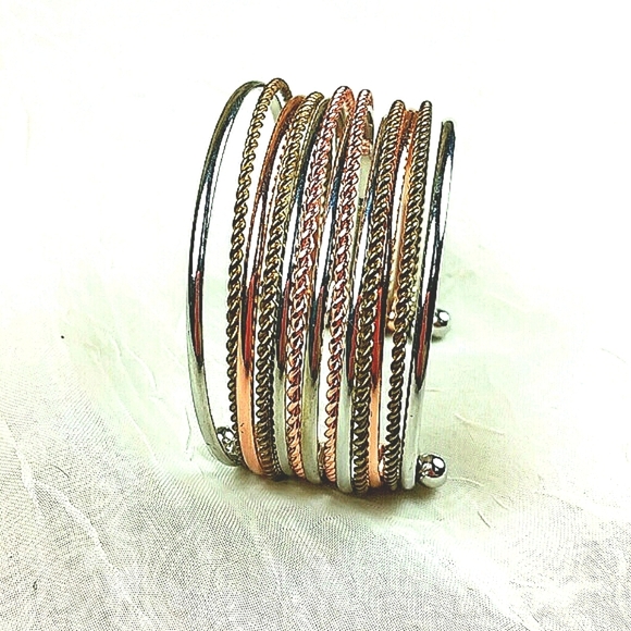 Tri-Tone Wire Cuff Bangle Bracelet Silver Gold Copper Twisted Metal Boho Chic - Picture 2 of 7